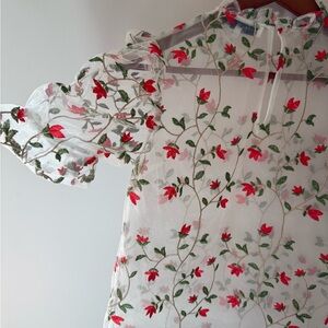 Nordstorm Endless Rose Sheer Top with Red Floral Embroidery